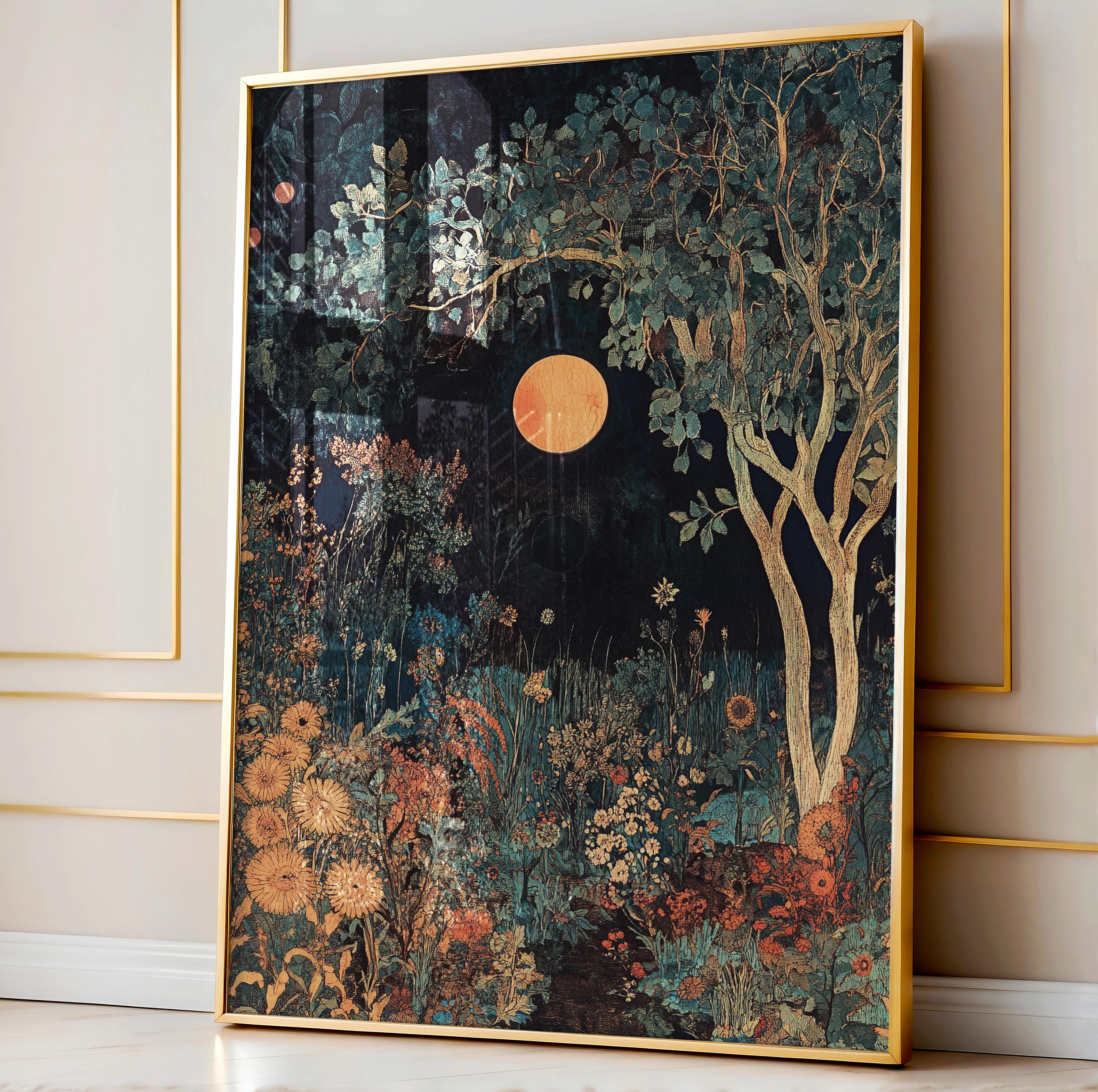 Moody Wall Art, decorazioni Dark Academia, stampa artistica botanica ispirata a William Morris con eclissi lunare, decorazioni Dark Cottagecore, decor