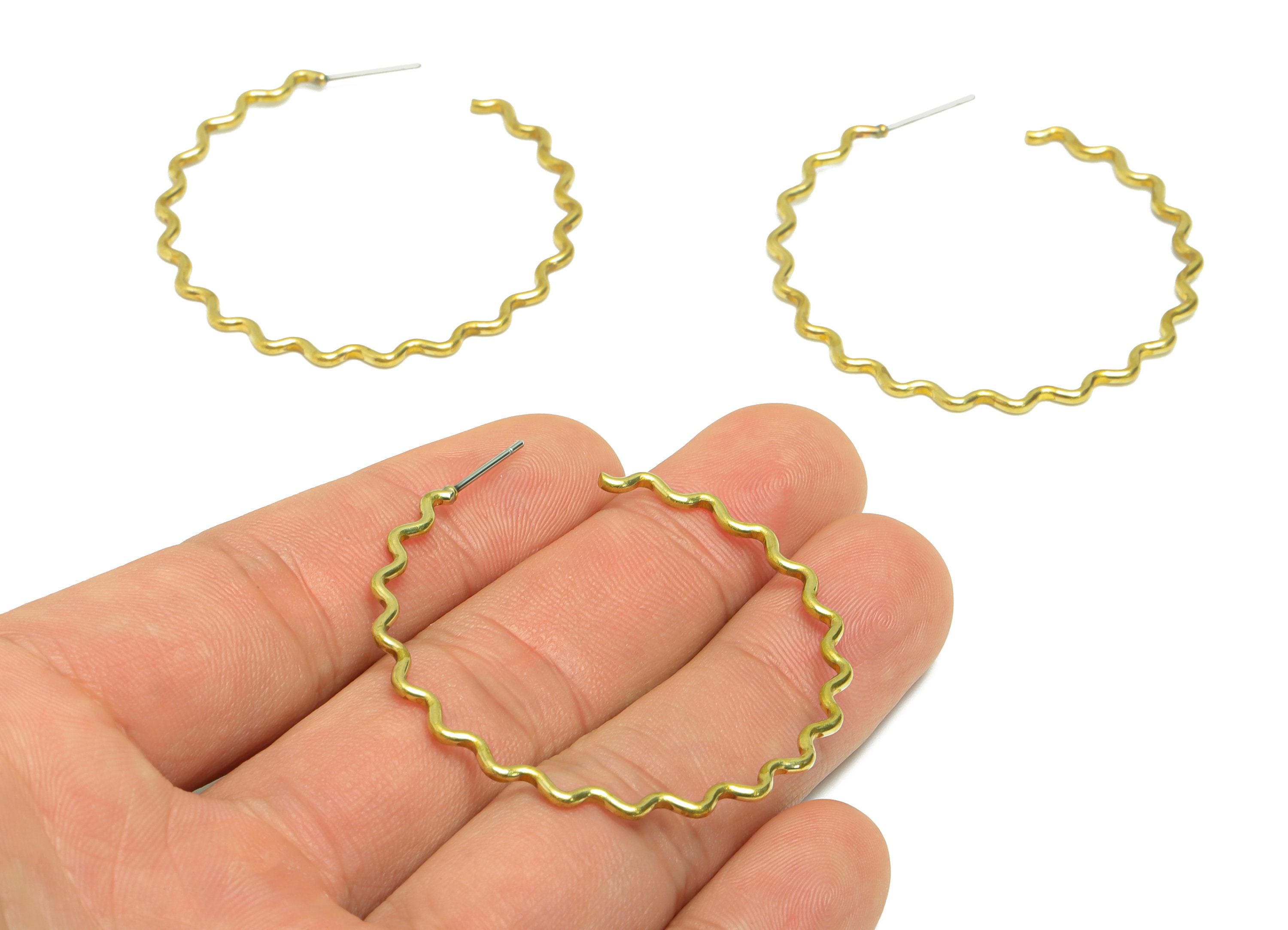Orecchino a cerchio in ottone con filo a C - Orecchino a cerchio ondulato in ottone grezzo - Orecchino a cerchio in ottone con filo a zig-zag - Orecch