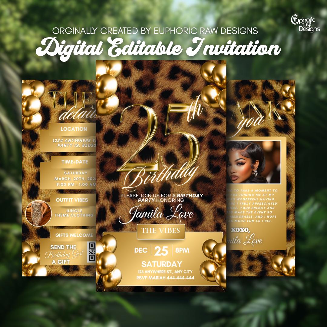 "Invito a cena per il 25o compleanno con stampa leopardata, invito per festa con stampa ghepardo, safari glamour \"Let's Get Wild\", modello di invito di"