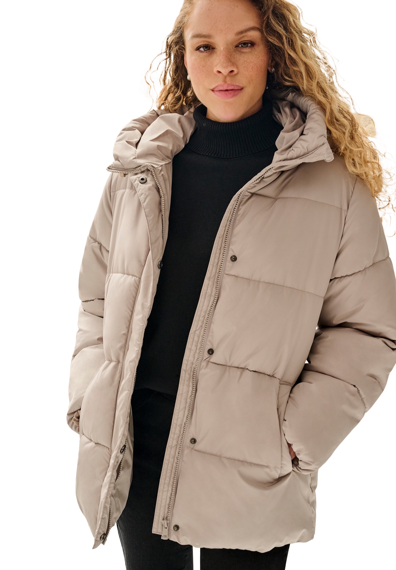 Plus Size Women's Hooded Drawstring Puffer by ellos in Taupe Grey (Size 10/12)