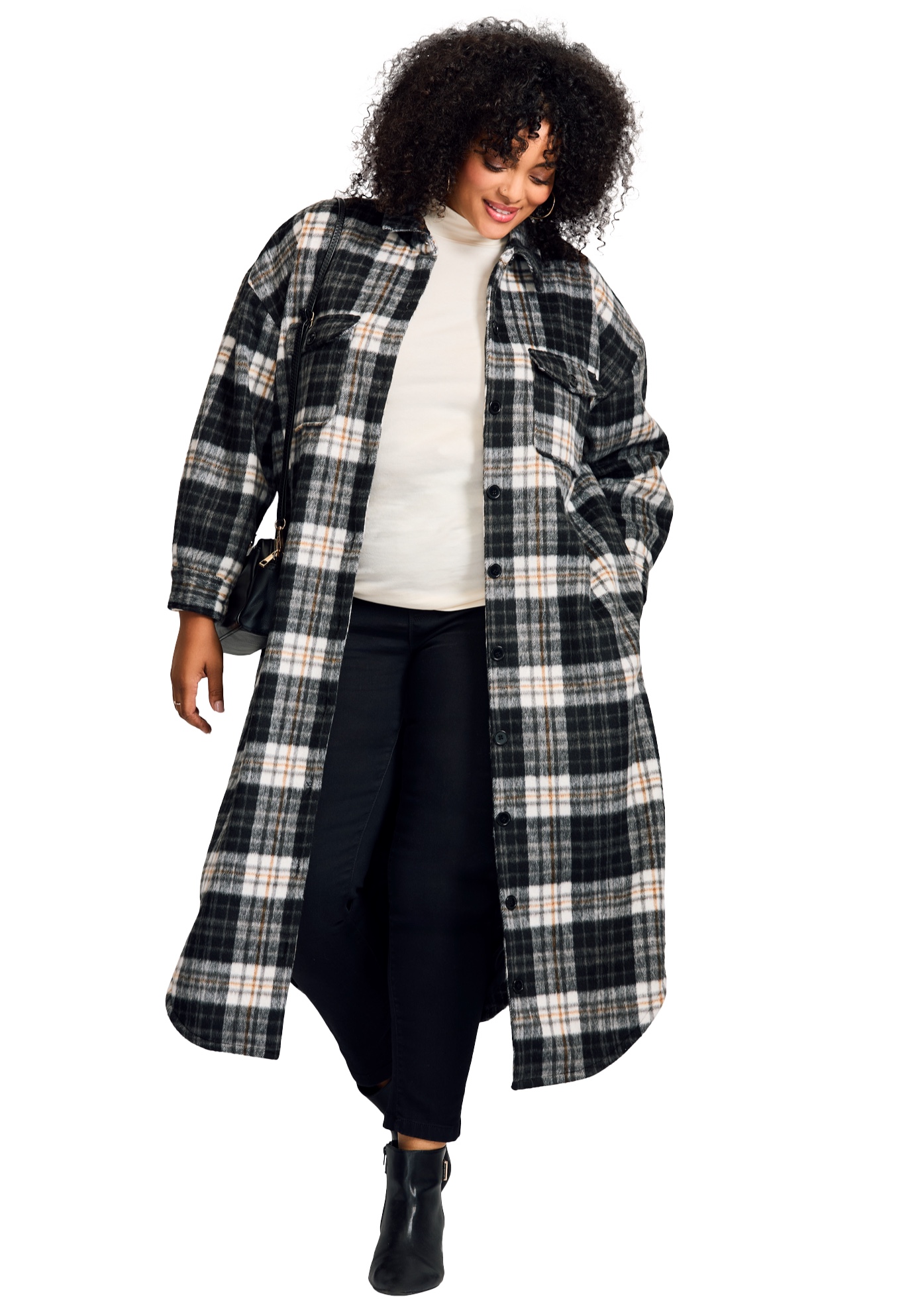 Plus Size Women's Brushed Long Shirt Jacket by Avenue in Black Brushed Plaid (Size 14)