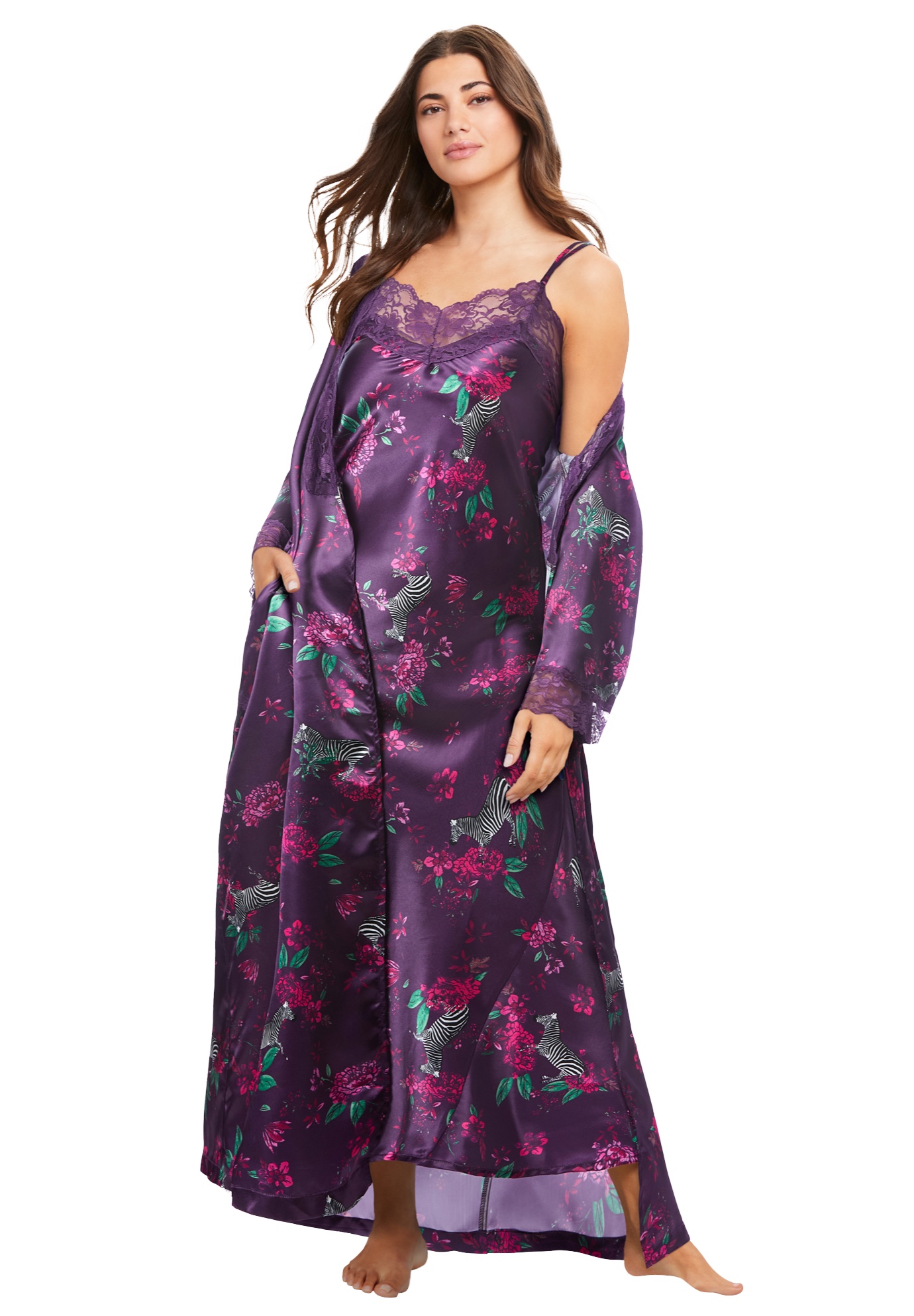 Plus Size Women's The Luxe Satin Long Peignoir Set by Amoureuse in Dark Grape Zebra (Size 5X) Pajamas