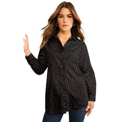 Plus Size Women's Plus Size Kate Long Sleeve Easy Cotton-Blend Button-Front Shirt by Roaman's in Cognac Painted Dot (Size 14 W) Button Down Shirt Blo