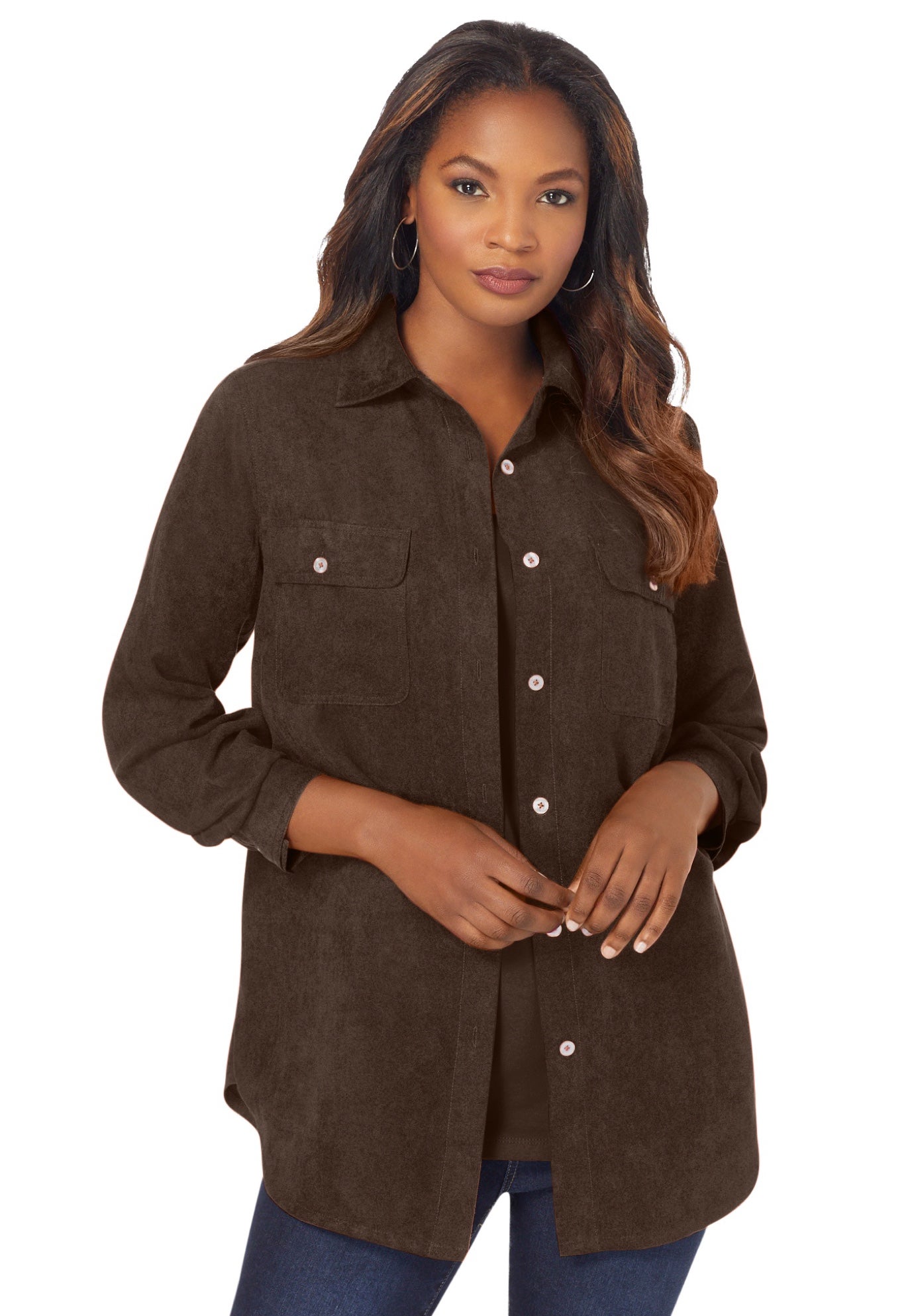 Plus Size Women's Faux Suede Button-Front Shirt by Roaman's in Chocolate (Size 24 W) Button Down