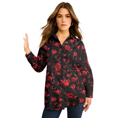 Plus Size Women's Plus Size Kate Long Sleeve Easy Cotton-Blend Button-Front Shirt by Roaman's in Red Sketch Blossoms (Size 16 W) Button Down Shirt Bl