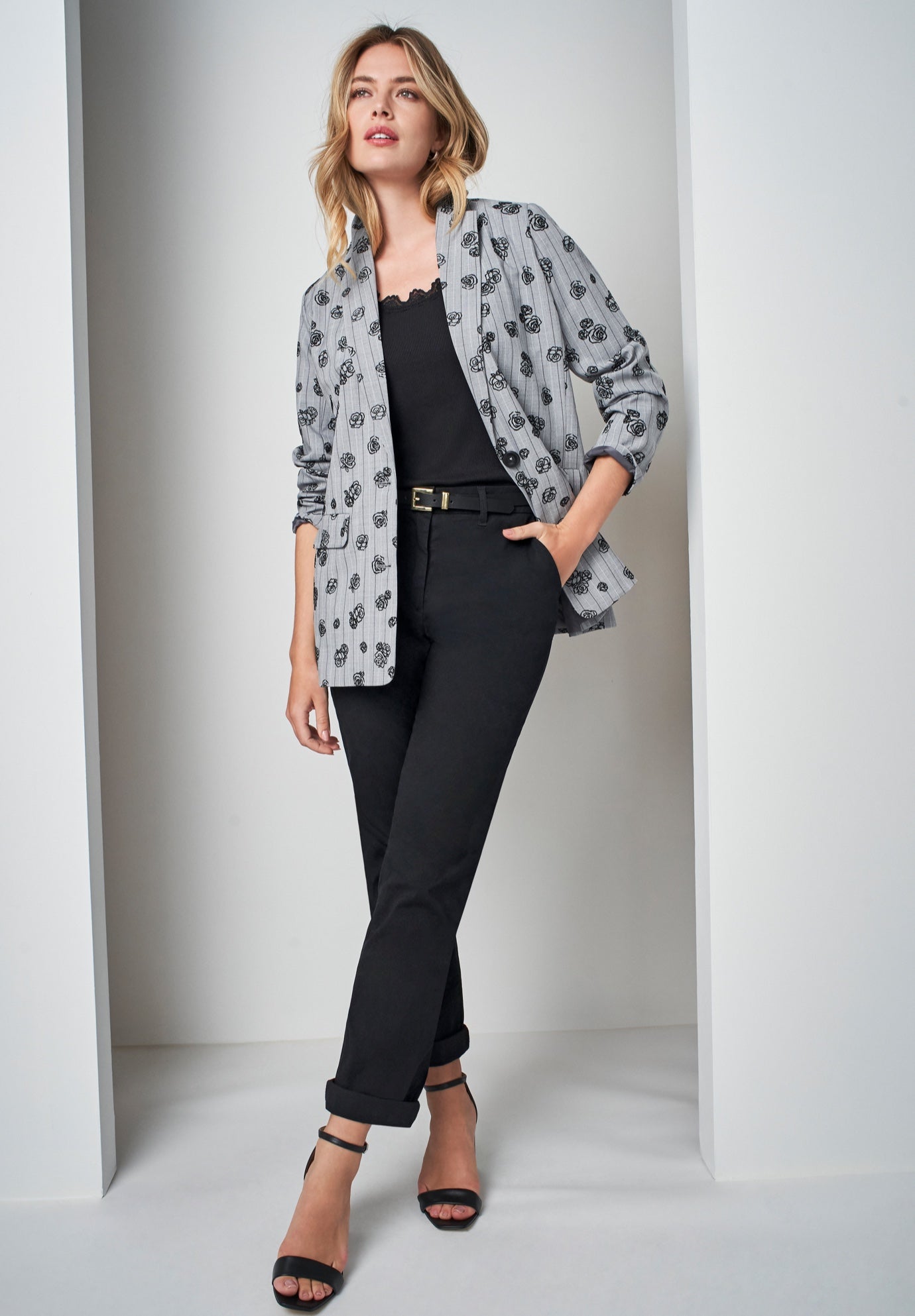 Plus Size Women's Flocked Floral Blazer by Jessica London in Grey Rose Pinstripe (Size 12 W)