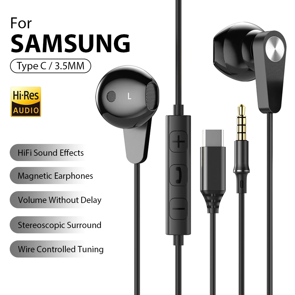 Cuffie magnetiche di tipo C Cuffie stereo HiFi con controllo del volume Auricolari cablati da 3,5 mm per Samsung iPhone 17 16 Auricolari Xiaomi iPad