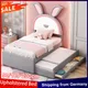 Anajqaqia Letto imbottito per bambini 90x200 cm, con testiera a LED conigli, letto singolo con letto estraibile e 3 cassetti, divano letto