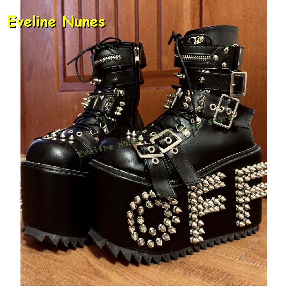 Motorradstiefel mit Metallnieten, Plattform, runde Zehen, dicke Sohle, Gürtelschnalle, mittelhohe Stiefel, 2025, Punk-Street-Style-Stiefel, Neu eingetroffen