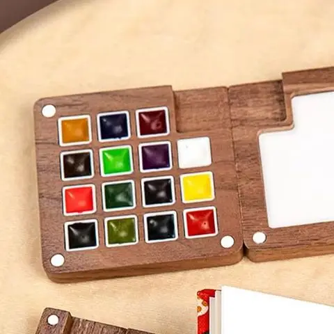 Mini-Aquarellpalette aus Walnussholz, tragbare Farbbox mit Clip, Reise-Malerei, Farbtablett, Kunstbedarf, Skizzenbuch-Palette Image