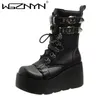 NEUE Chunky Plattform Punk Stiefel Frau Mode Schnalle Keile Stiefeletten Frauen Leder Starke Absatz Motorrad Botas Plus Größe
