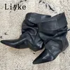 Liyke Vintage Spitz Plissee Leder Stiefel Für Frau Seltsame Niedrigen Dünnen Absätzen Schuhe Ankle Booties Frauen Zapatos De Mujer
