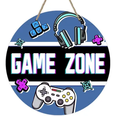 Deroro Game Zone Door Sign - Video Game Controller Wood Hanger, Gamer Room Decor for Kids Teens Adults, Playroom Wall Art