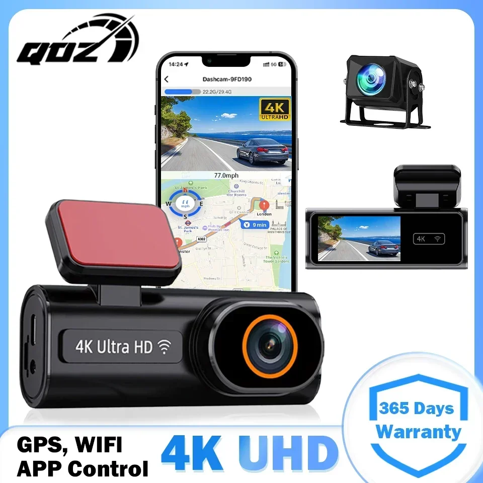 QOZ 4K UHD Dash Cam Dual Channel Dash Auto mit Super Nachtsicht Aufnahme Auto DVR 24H Parkplatz Monitor 5,8 GHz WiFi APP Steuerung