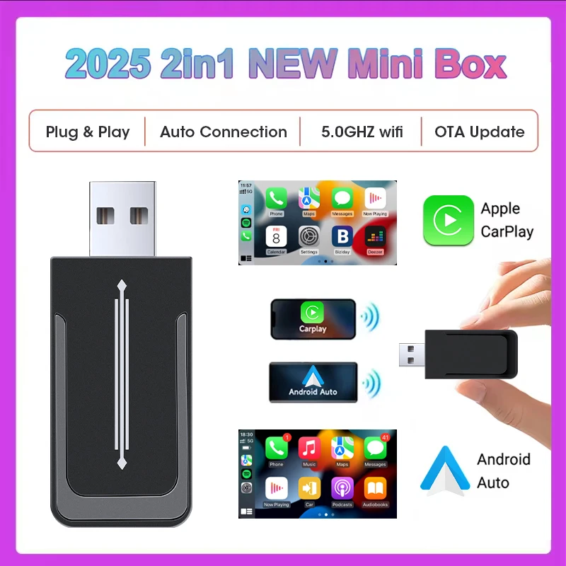  2in1 Wireless Carplay & Android Auto AI Box Auto Adapter Plug & Play Bluetooth Automatische Verbindung Für Toyota Volvo VW Kia Mazda Ford Image