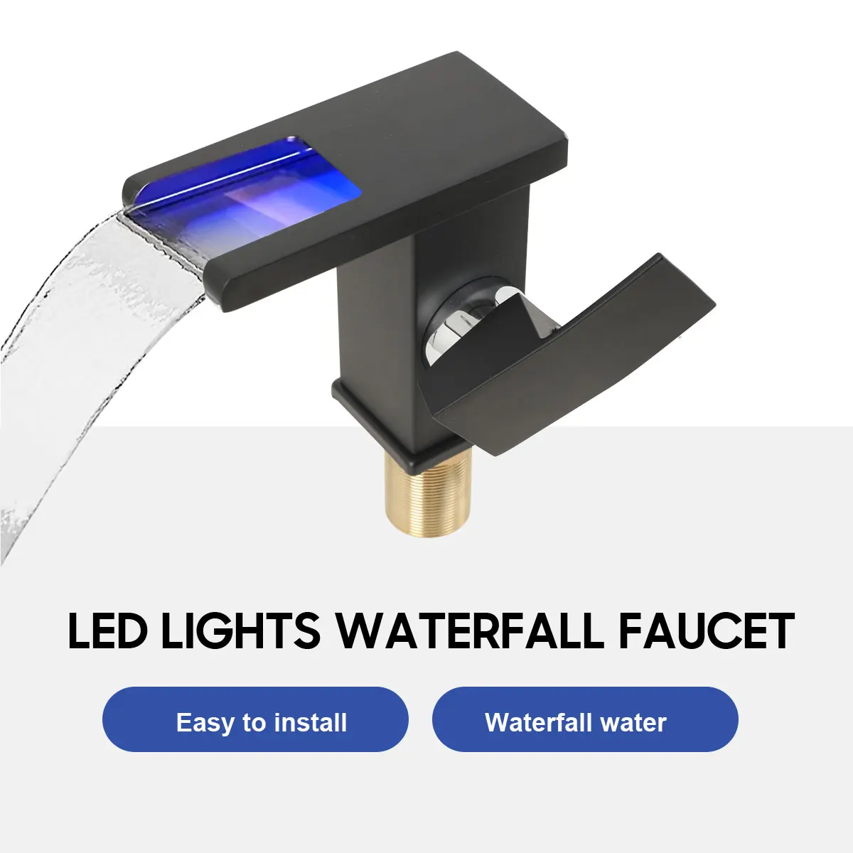 LED-Wasserfall-Waschtischarmatur für Badezimmer, 3-farbig, hellschwarz, mit langen Schläuchen für Küchen/Badezimmer/Toiletten/Badewannen