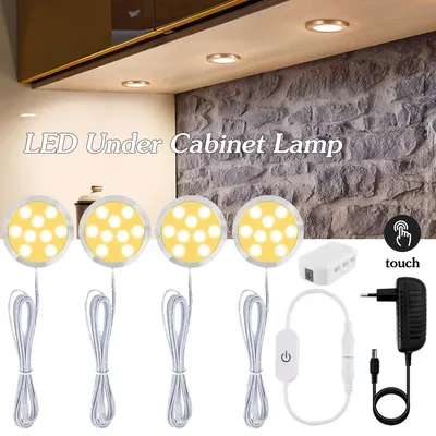 12V Round LED Under Cabinet Lamp Penetrable Touch Light Switch Dimmable LED Under Cabinet Kitchen Wardrobe Bedroom Night Lamp
