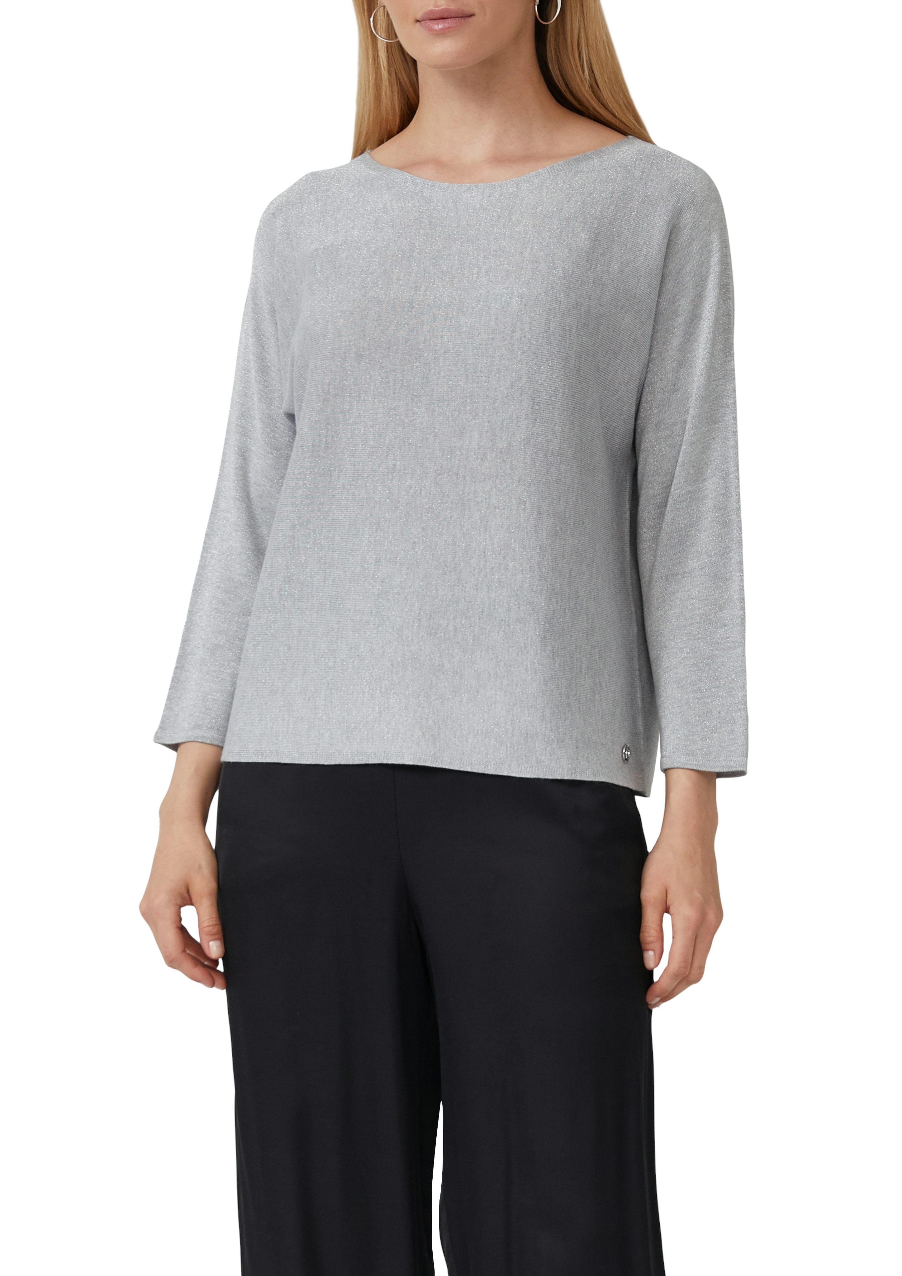 Strickpullover S.OLIVER BLACK LABEL, Damen, Gr. 42, grau, Strick, Obermaterial: 90% Viskose, 10% metallisierte Fasern, unifarben, Casual, regular fit taillenbedeckt, U-Boot-Ausschnitt, Fledermausärmel, Pullover, mit Glitzergarn