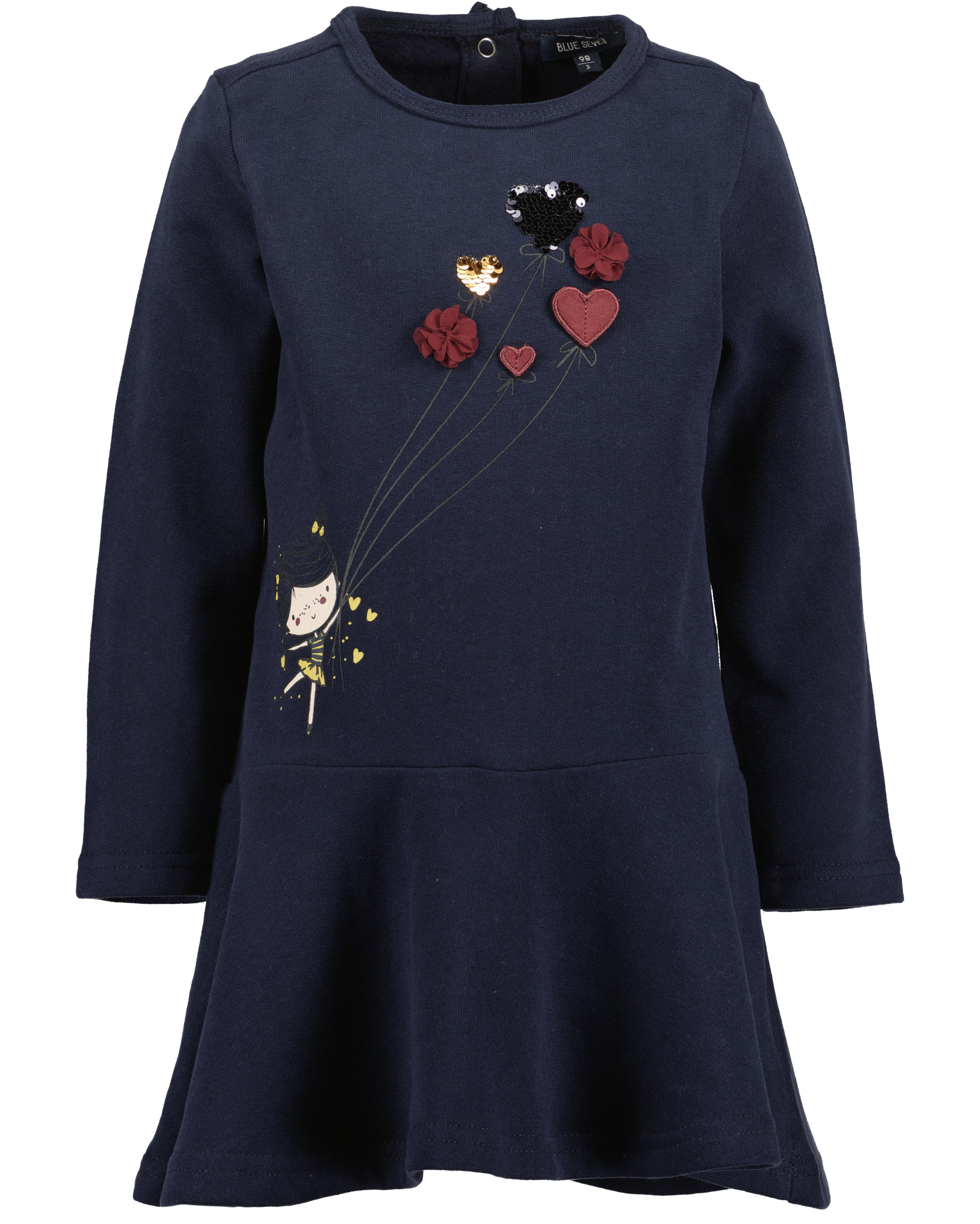 Sweatkleid BLUE SEVEN, Mädchen, Gr. 110, N-Gr, blau (nachtblau), Sweatware, Obermaterial: 100% Baumwolle, bedruckt, unifarben, knieumspielend, Rundhals, abgesteppte Kante, Kleider, mit tollem Frontmotiv mit Wechselpailletten und Tüllapplikation Image