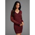 Strickkleid LAURA SCOTT, Damen, Gr. 42, N-Gr, rot (rot, braun), Strick, Spitze, Obermaterial: 70% Viskose, 30% Polyamid. Ärmel: 100% Polyamid, unifarben, feminin, figurbetont mini, V-Ausschnitt, Langarm Bündchen, Kleider, mit edlen Spitzenärmeln und...
