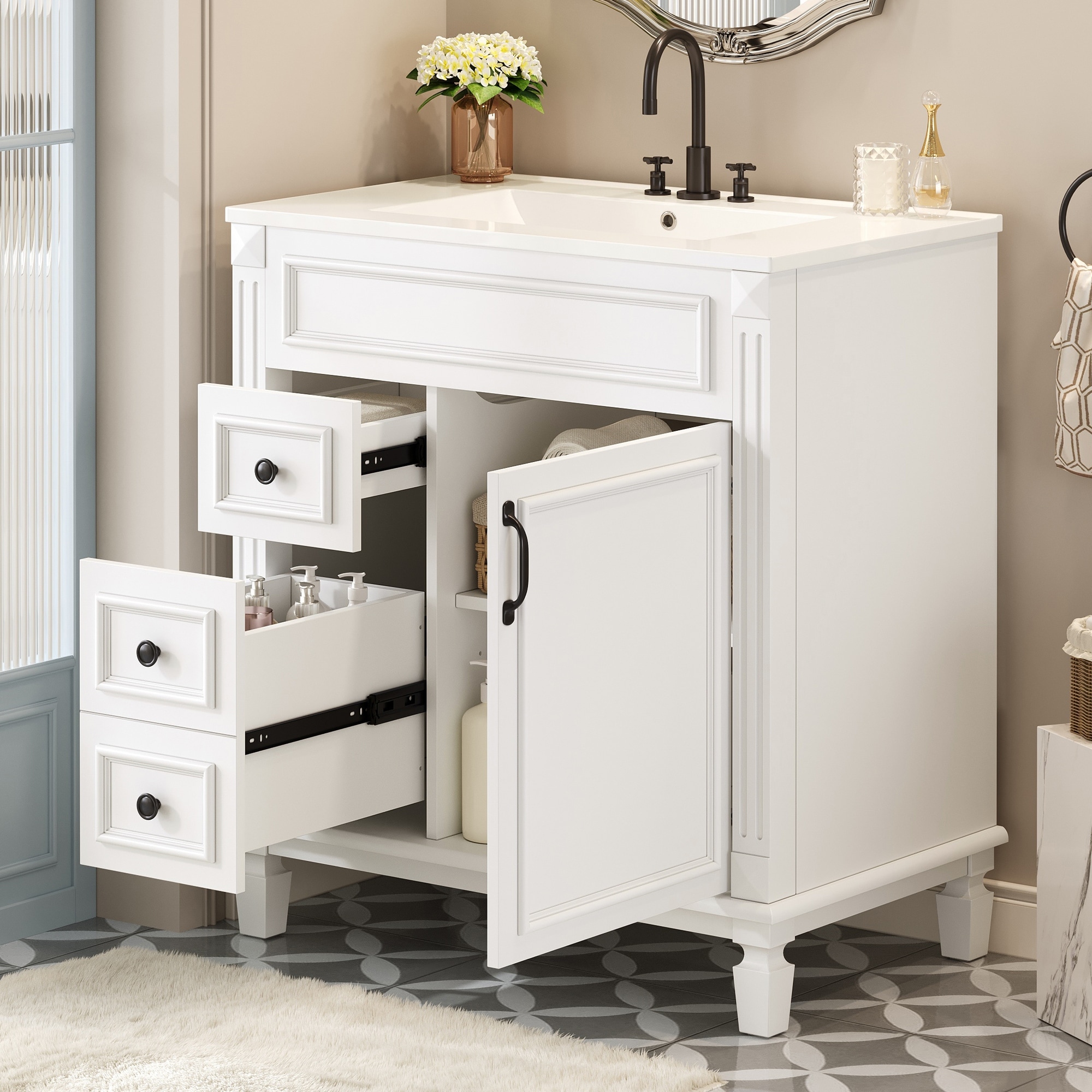 Small Bathroom Vanity with Sink, Freestanding Wood Bathroom Cabinet, Storage Cabinet with 2 Drawers & Adjustable Shelf