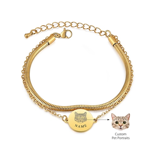 Personalisiertes Erinnerungsarmband mit Haustierfoto, individuell lasergraviertes Edelstahlarmband mit Doppelkette, gold-/silbernes Andenkenschmuckgeschenk für Mama, Papa, Paare Image