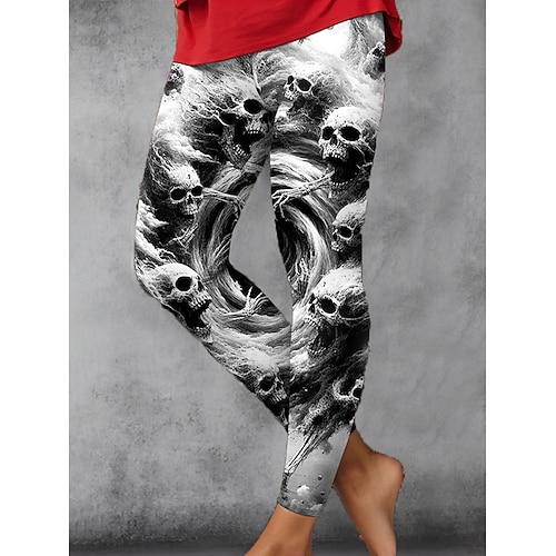 Damen Leggings Urlaub Vintage Mode Knöchellang Hohe Taille Grafik Totenkopf Druck Soft Atmungsaktiv Dehnbar Urlaub Straße Causal Weiß Blau Grün Khaki Frühling Herbst Winter Slim Fit Image