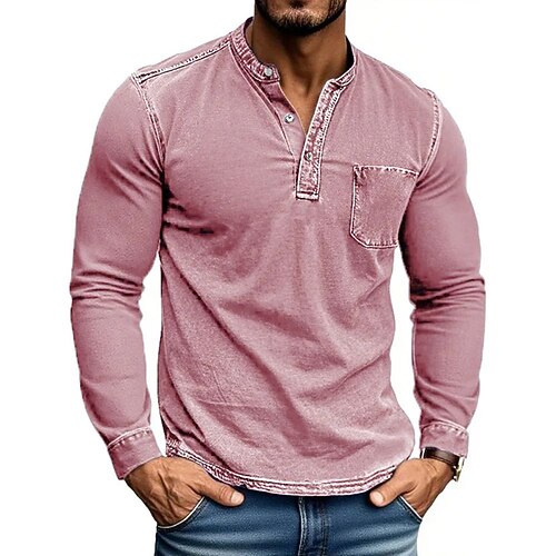Vintage-Henley-Shirt für Herren, 100 % Baumwolle, Acid-Wash-Optik, Langarmshirt, Herbst/Winter, Retro-Mode, Designer-Stil, nostalgisch, schwarz, pink, marineblau Image