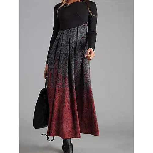 Damen Midikleid A Linie Kleid Lässig Täglich Normale Passform Grafik Farbblock Langarm V Ausschnitt Weiß Gelb Rote Frühling Herbst Winter Image
