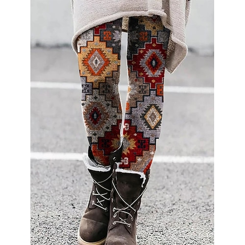 Damen Hosen Hose Leggings Gemütliche Leggings Urlaub Vintage Volle Länge Hohe Taille Blumen Geometrie Elastischer Bund Druck Atmungsaktivität Bequem Dehnbar Urlaub Straße Alltagskleidung Rote Blau Image