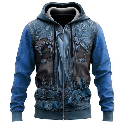 Herren Cowboy Kostüm Kapuzensweatshirt Jacke Pullover Western-Cowboy Allover-Druck Langarm Reißverschluss Urlaub Streetwear Gelb Blau Braun Grün Reißverschluss Herbst Winter Designer S M L XL XXL XXXL Image