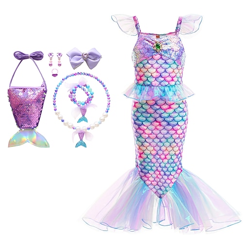 Buchwoche 2026, Die kleine Meerjungfrau, Meerjungfrauenschwanz, aquamarinfarbenes Prinzessinnenkleid, Halloween-Kostüm, Cosplay-Kostüm, Mottoparty-Kostüm, Cosplay-Film, Cosplay für Mädchen, Kinderkarneval, Maskenball Image