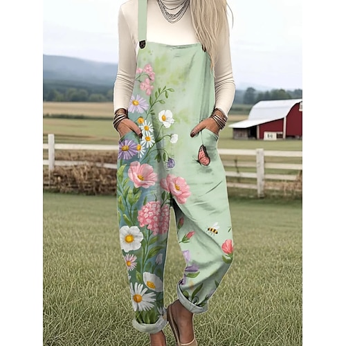 Damen Overall Aktiv Blumen Ärmellos Gerade Rundhals mit Tasche Urlaub Täglich Lässiger Schnitt Rosa Blau Orange Sommer Image
