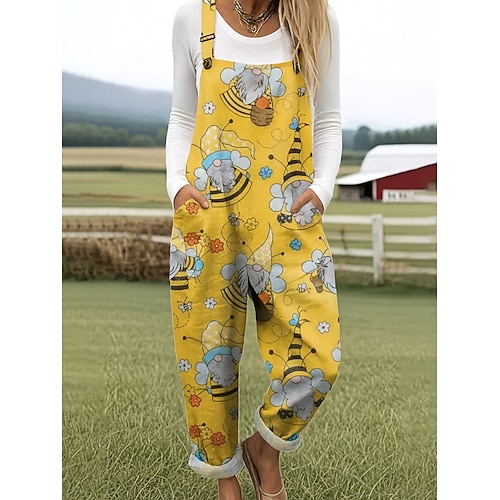 Frauen 100% Baumwolle Latzhosen Aktive Blumendruck Ärmelos Ärmellos Gerader Quadrat-Ausschnitt mit Tasche Urlaub Täglicher Lockerer Schnitt Weiß Gelb Blau Sommer Image