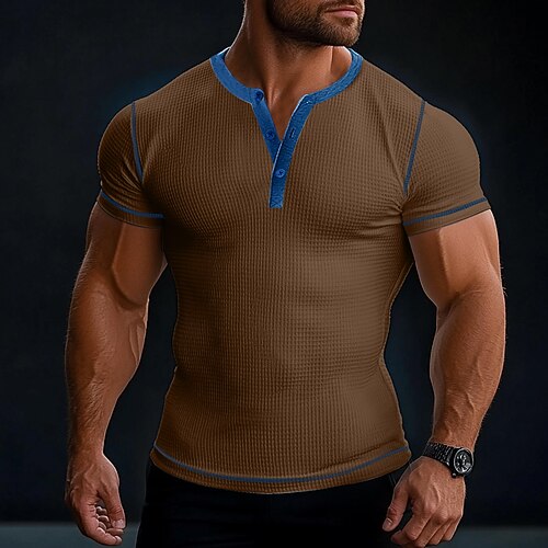 Herren Waffel-Henley-Hemd T-Shirt Kurzarm Henley Sommer Ganzjahres Einfarbig Texture Vintage Sportlich Knöpfe Outdoor Lässig Täglich Weiß Blau Braun Top T-Shirt für Herren Image