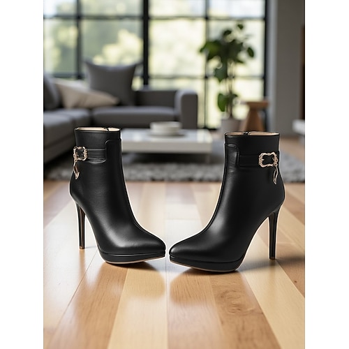 Damen-Stiefeletten mit hohem Absatz und dekorativer Schnalle – elegante Stiletto-Booties mit spitzer Spitze für Business-Casual-Bürokleidung und urbane Mode Image