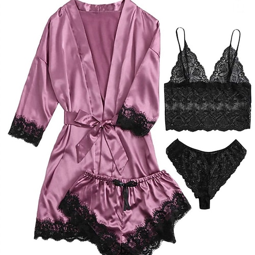 Damen Dessous Sexy Dessous Satin-Seidenpyjamas SpitzeNightwearPolyester Date Wochenende Einfarbig Mode Sexy Schwarz Rosa Wein Rote Purpur Sommer Image