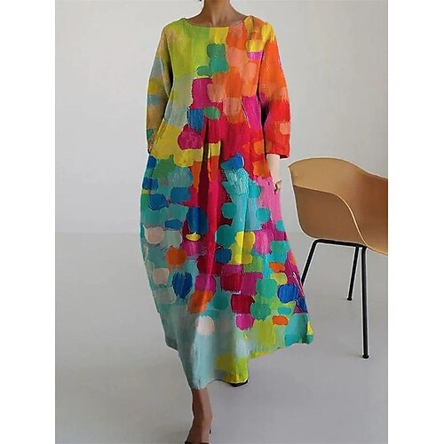 Damen Maxikleid A Linie Kleid Figurbetontes Kleid Party Lässig Boho Party Hochzeitsgast Täglich Lässiger Schnitt Blumen Grafik Langarm Rundhalsausschnitt Rosa Rote Grün Frühling Herbst Winter Image