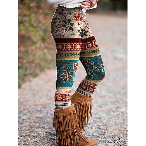 Damen Leggings Urlaub Vintage Ethno-Stil Volle Länge Hohe Taille Grafik Gestreift 3D-Druck Schnelltrocknend Atmungsaktivität Weich Dehnbar Täglich Heim Outdoor Blau Gelb Herbst Schmaler Schnitt Image