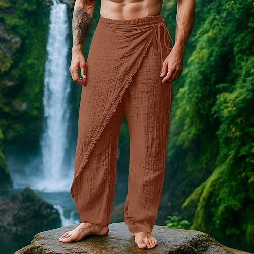 Herren Leinenhosen Hose Sommerhose Kordelzug Elastischer Bund Gerader Schnitt Einfach Komfort Atmungsaktiv Volle Länge Lässig Täglich Ferien Urlaub Mode Weiß Braun Mikroelastisch Image
