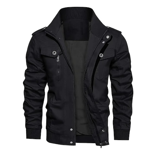 Herren Einsatzjacke Cargo-Jacke Urlaub Täglich Warm Tasche Herbst Winter Einfach Mode Klassisch Revers Regulär Schwarz Khaki Armeegrün Jacken Image