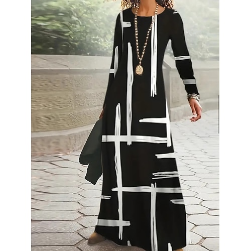 Damen Maxikleid Shiftkleid A Linie Kleid Lässig Boho Täglich Date Ausgehen Normale Passform Grafik Geometrisch Batik Langarm Rundhalsausschnitt Schwarz Frühling Herbst Winter Image