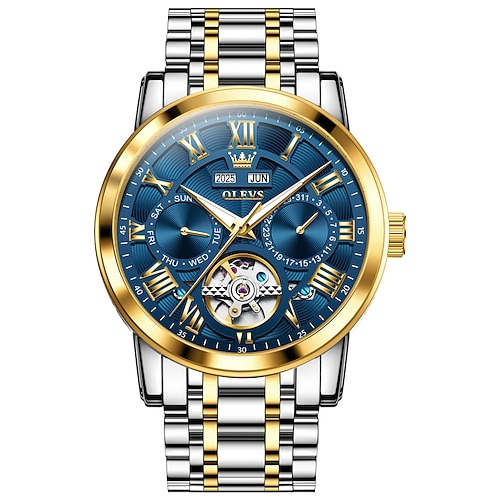 OLEVS Herren Mechanische Uhr Kreativ Sport Mode Lässig Automatische Selbstaufzug leuchtend Ewiger Kalender Kalender Stahl Beobachten Image