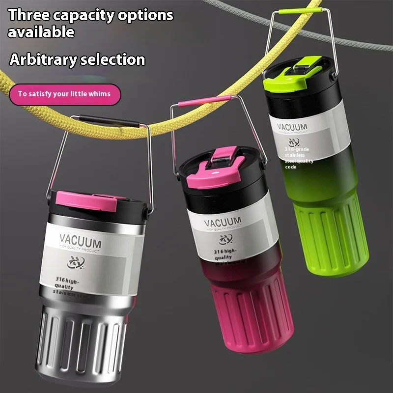 Ice King Tragbare Auto-Doppel-Stroh-Wasserflasche, großes Fassungsvermögen, Hand-Design, 316er Edelstahl, doppeltes Trinken Image