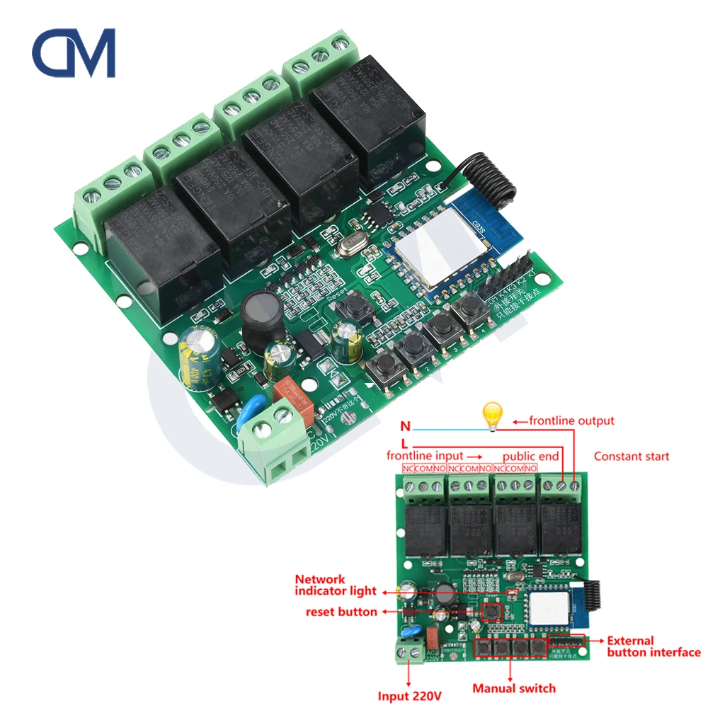 AC 220V 4-Kanal WIFI Fernbedienung Relaisschaltermodul 433MHz RF Funktioniert mit Tuya APP Image