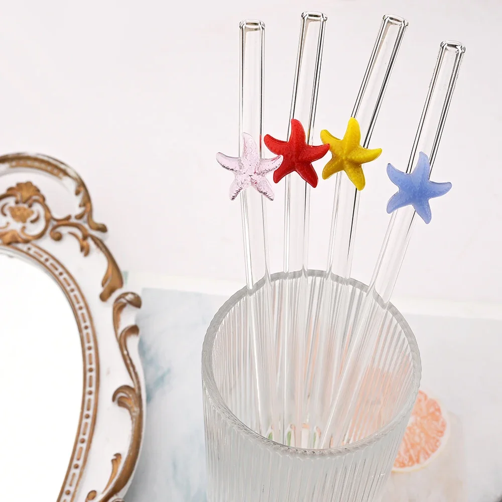 4 Stück wiederverwendbare Trinkglas-Strohhalme mit Seestern für Smoothies, Cocktails, Bar, umweltfreundliches Trinkgeschirr, Strohhalm mit sauberen Bürsten-Set Image