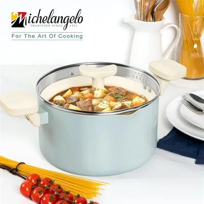 MICHELANGELO 6-Quart Italian Non-Stick Pot with Filter Lid Cooking Pot Ceramic Coating Twist Lock Handle Induction Compatible