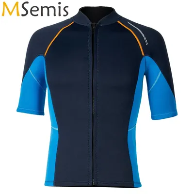 Men's Rash Guard Swimsuit Tops Short Sleeves Front Zip Wetsuit Top 1.5mm Neoprene Swim Tops Swimming Diving Surfing Snorkeling