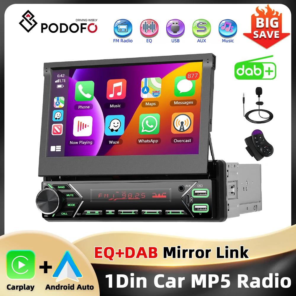 Podofo 2 + 64G 1Din Android Auto Stereo 7'' Einziehbare Bildschirm Multimedia Player Android Auto Carplay WIFI GPS Navigation Auto Audio Image