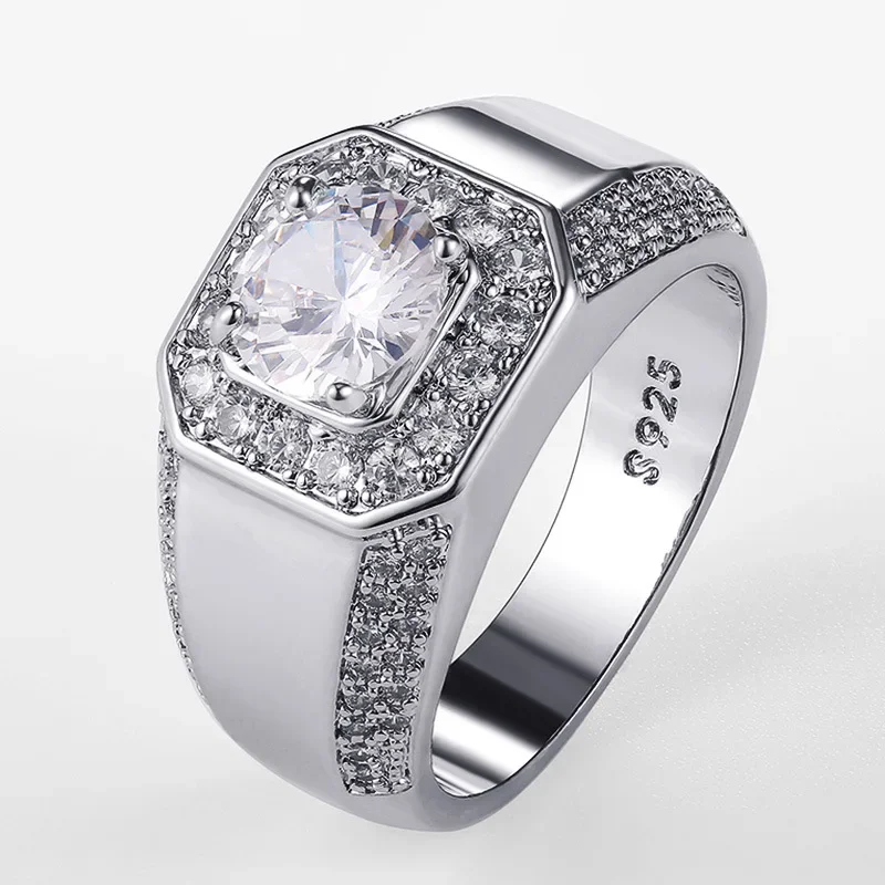Luxus 925 Sterling Silber Männer AAA Kristall Zirkon Stein Ehering Brillante Edle Engagement Engage Party Plata Ringe Stempel Image